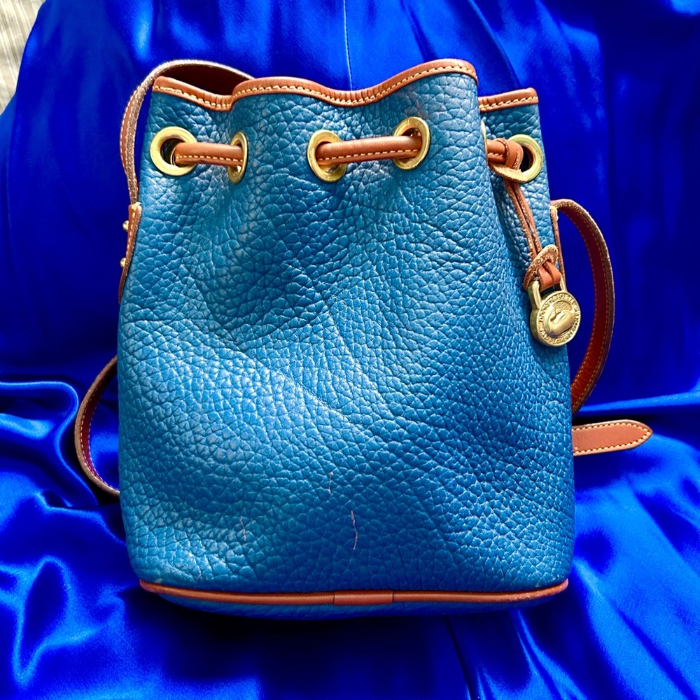 Vintage Dooney & Bourke Blue, Tan Leather Drawstring Bucket Bag - Picture 7 of 13